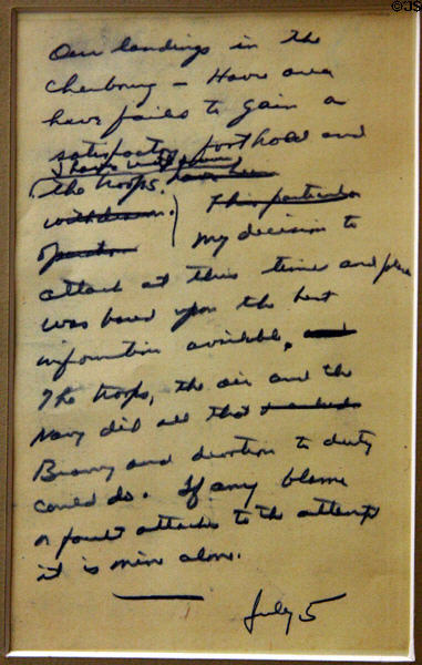 Note written by General Eisenhower taking blame in case D-Day invasion had failed at Eisenhower Museum. Abilene, KS.