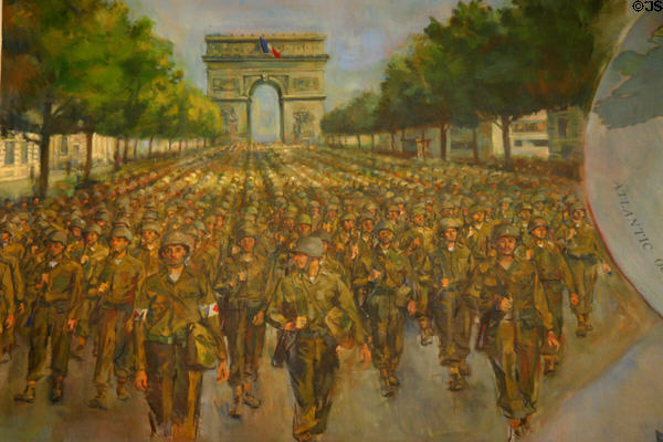 Allied troops marching through Paris on mural at Eisenhower Museum. Abilene, KS.