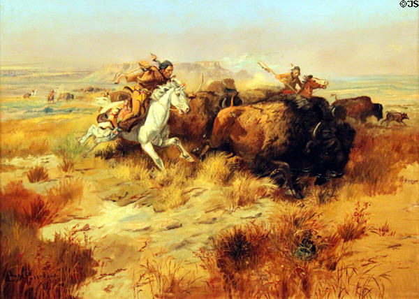 Indian Buffalo Hunt painting (1897) by Charles M. Russell at Wichita Art Museum. Wichita, KS.