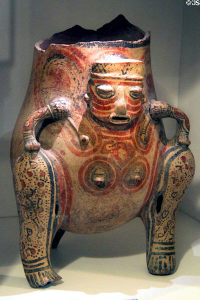 Ceramic tripod vessel with human face (1000-1500) from Costa Rica at Wichita Art Museum. Wichita, KS.