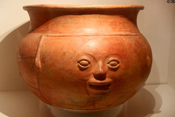 Human head effigy ceramic vessel from Costa Rica at Wichita Art Museum. Wichita, KS.