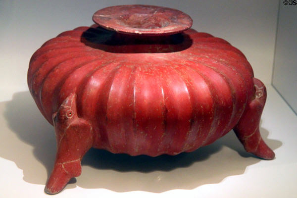Colima squash-shaped ceramic jar on bird feet (pre-Columbian) from tomb in west Mexico at Wichita Art Museum. Wichita, KS.