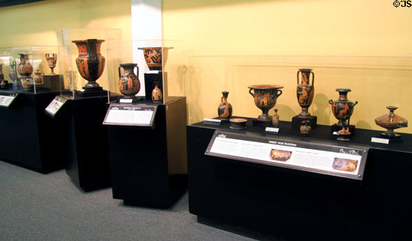 Collection of red on black Greek pottery at Museum of World Treasures. Wichita, KS.