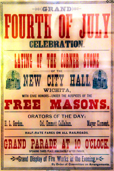 Poster (1890) for laying of cornerstone of Wichita City Hall. Wichita, KS.