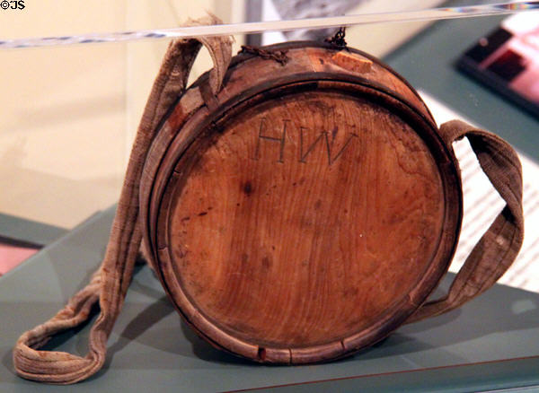 Wooden canteen with canvas strap (c1865) at Sedgwick County Historical Museum. Wichita, KS.