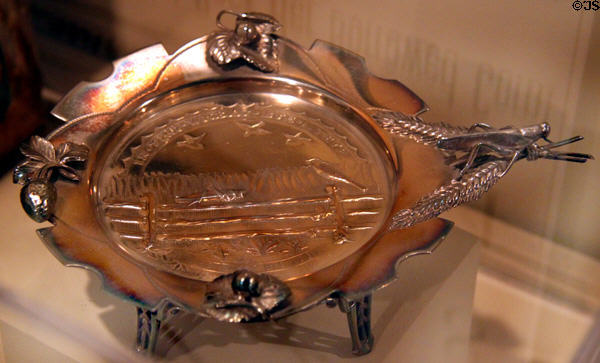 Silverplated calling card tray with grasshopper (c1885) at Sedgwick County Historical Museum. Wichita, KS.