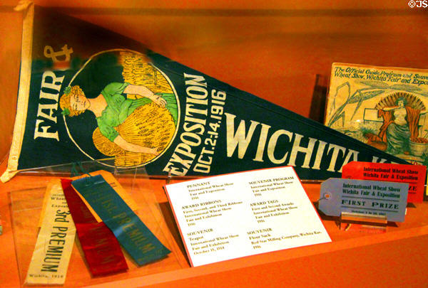Wichita Fair & Exposition pennant (1916) with award ribbons at Sedgwick County Historical Museum. Wichita, KS.
