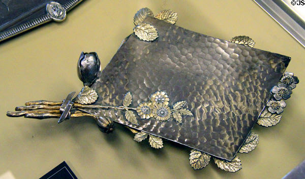 Calling card tray with flowers (c1885) by Meriden Britannia Co. of Meriden, CT at Sedgwick County Historical Museum. Wichita, KS.