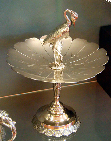 Calling card tray with heron (c1880) by Meriden Britannia Co. of Meriden, CT at Sedgwick County Historical Museum. Wichita, KS.