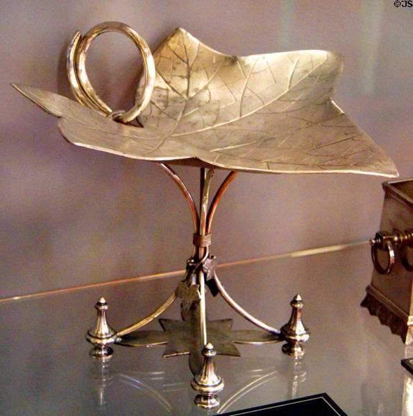 Fruit stand in shape of leaf (c1875) by Meriden Silver Plate Co. of Meriden, CT at Sedgwick County Historical Museum. Wichita, KS.