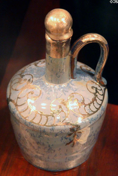 Fulper silver-overlaid jug with blue crystalline glaze (c1920) at Sedgwick County Historical Museum. Wichita, KS.