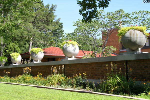 Wall with giant globe planters at Allen-Lambe House. Wichita, KS.
