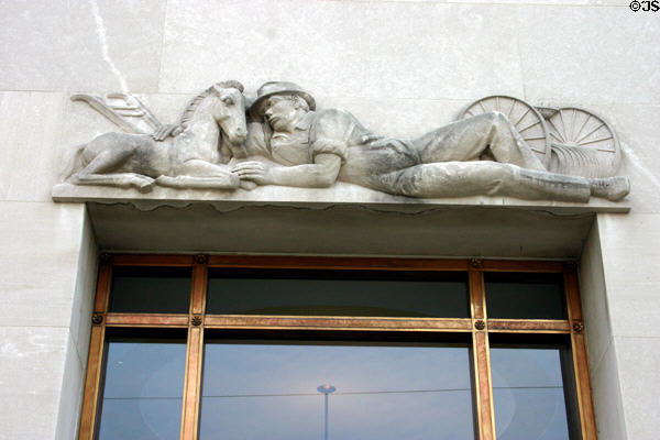 Carving of farmer & young colt on U.S. Post Office (1939). Covington, KY.