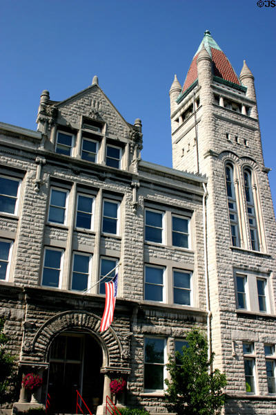 University of Louisville School of Medicine (1893) (101 W. Chestnut St.). Louisville, KY. Style: Richarsonian Romanesque. Architect: Clarke & Loomis. On National Register.