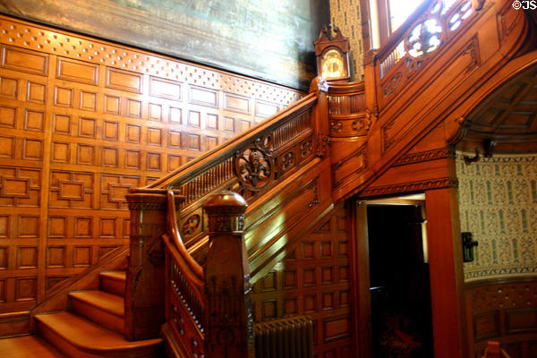 Intricately carved wooden stairway banister of Conrad-Caldwell House. Louisville, KY.
