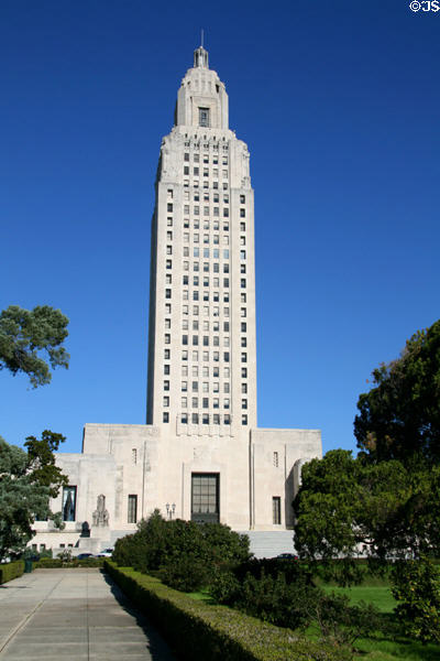 Louisiana State Capitol over garden of Capitol grounds. Baton Rouge, LA.