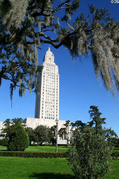 Louisiana State Capitol framed by Spanish moss. Baton Rouge, LA.