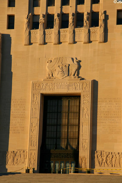 Symbolic carvings around portal of Louisiana State Capitol. Baton Rouge, LA.