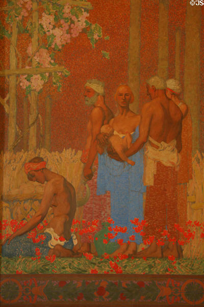 Harvesting fruits from the ground on Goddess of Abundance mural (1932) by Jules Guerin on Senate end of Entrance Hall of Louisiana State Capitol. Baton Rouge, LA.