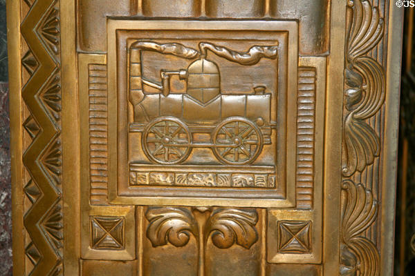 Bronze plaque of early steam locomotive in Memorial Hall of Louisiana State Capitol. Baton Rouge, LA.