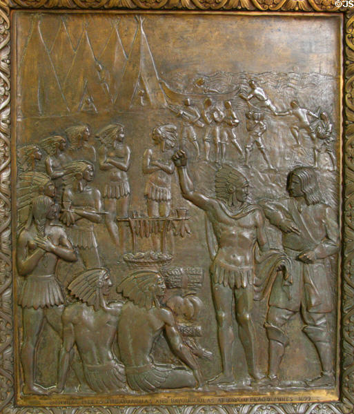 Bienville meets the Ouachas & Bayougoulas [Indians] at Bayou Plaquemine (1699) bronze door panel in Louisiana State Capitol. Baton Rouge, LA.
