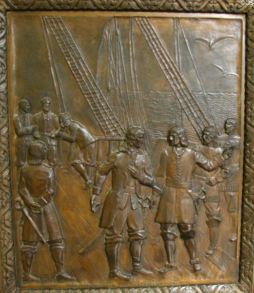 Bienville halts the English at English Turn (1699) bronze door panel in Louisiana State Capitol. Baton Rouge, LA.