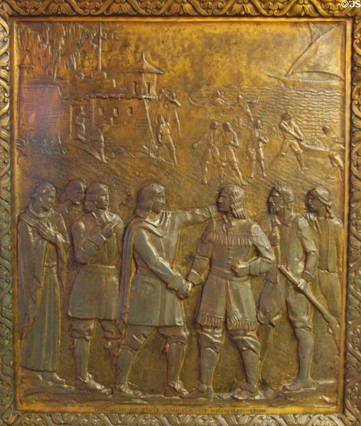 Building of Fort Maurepas by Iberville (1700) bronze door panel in Louisiana State Capitol. Baton Rouge, LA.