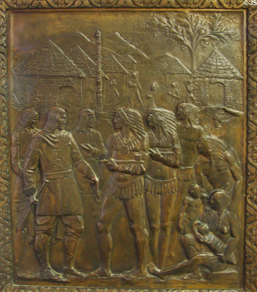 Iberville at the Natchez Village (1709) bronze door panel in Louisiana State Capitol. Baton Rouge, LA.