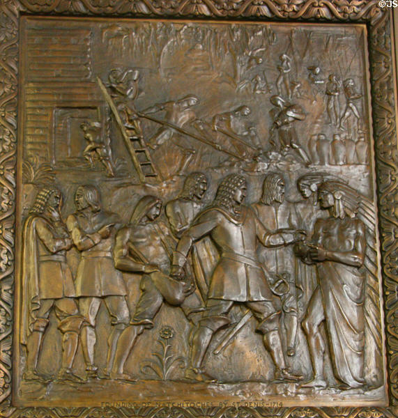 Founding of Natchitoches by St. Denis (1714) bronze door panel in Louisiana State Capitol. Baton Rouge, LA.
