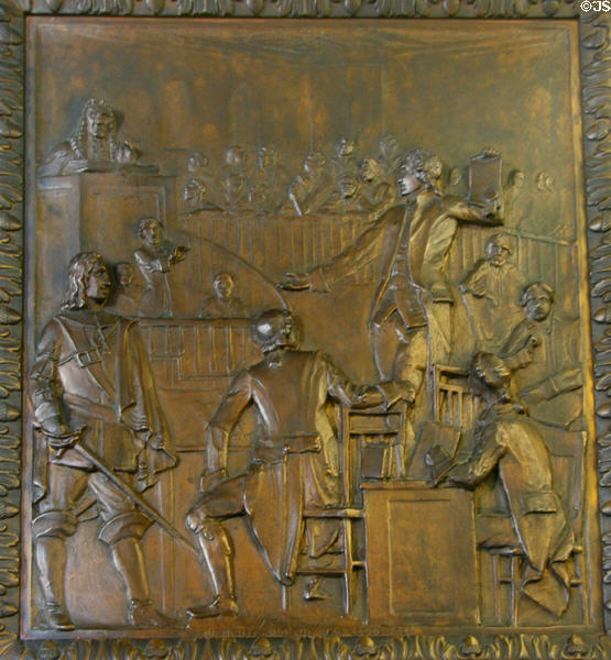Bienville & the Black Code (1724) bronze door panel in Louisiana State Capitol. Baton Rouge, LA.