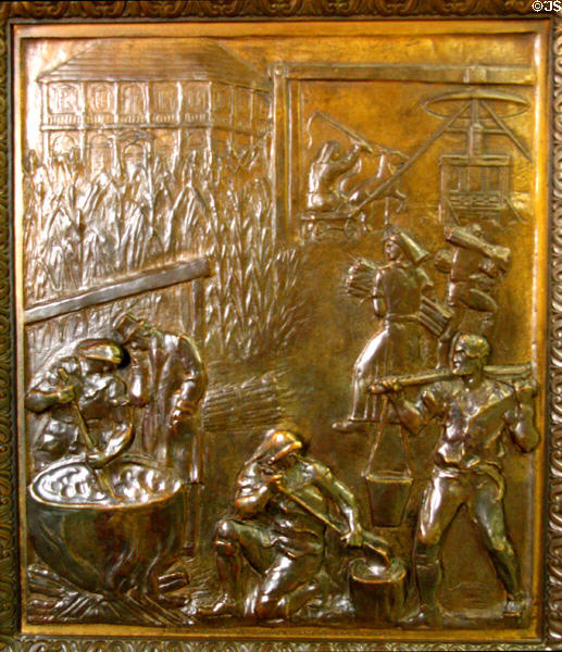 The making of sugar by De Bore (1794) bronze door panel in Louisiana State Capitol. Baton Rouge, LA.