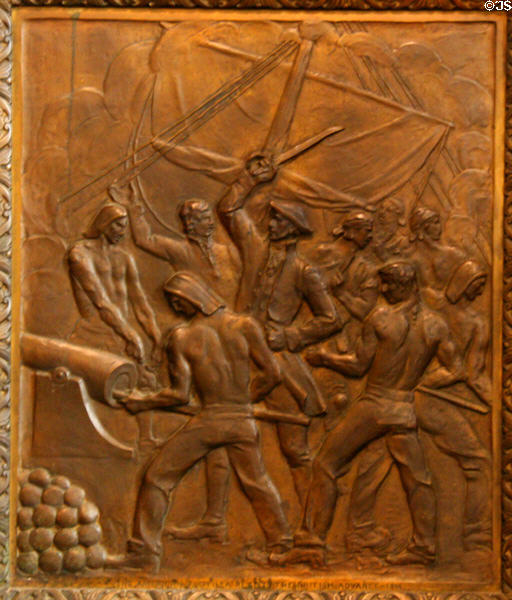 American flotilla resists British Advance (1814) bronze door panel in Louisiana State Capitol. Baton Rouge, LA.