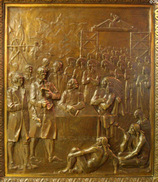 Signing of the treaty with the Caddo Indians (1835) bronze door panel in Louisiana State Capitol. Baton Rouge, LA.