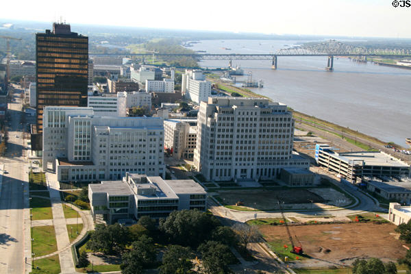 View of Baton Rouge from Capitol observation deck with Interstate 10 bridge, black One American Place tower & various state office buildings. Baton Rouge, LA.