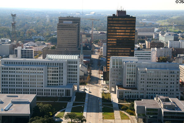 Skyline of Baton Rouge from Capitol observation deck with Chase, One American Place, Bienville & Iberville buildings. Baton Rouge, LA.