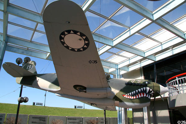 Flying Tiger teeth on P-40N Warhawk (1938-44) prop fighter at Veterans Memorial Museum. Baton Rouge, LA.