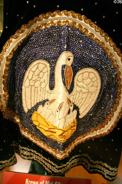 Detail of Mardi Gras costume with pelican & chicks at Louisiana State Museum. Baton Rouge, LA.