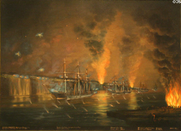 Painting (1864) of Civil War land-naval Battle of Port Hudson on the Mississippi (March 14, 1863) by Edward Everand Arnold at Shaw Center for the Arts. Baton Rouge, LA.