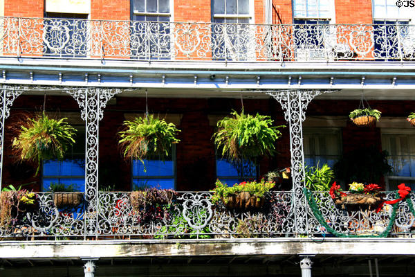 Cast iron balcony details on Lower Pontalba Building in Jackson Square. New Orleans, LA.
