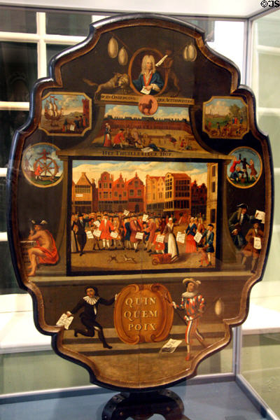 Tilt top table (c1720) with scenes of bursting of "Mississippi Bubble" at Cabildo Museum. New Orleans, LA.