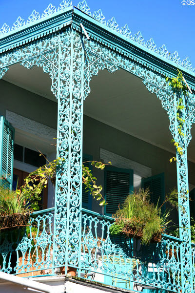 Cast iron grape-motif railings on gallery of (1127 Chartres St.). New Orleans, LA.