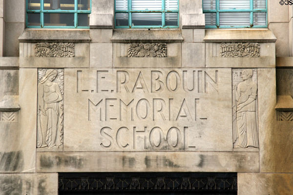 Carved decorative name on L.E. Rabouin Memorial School. New Orleans, LA.
