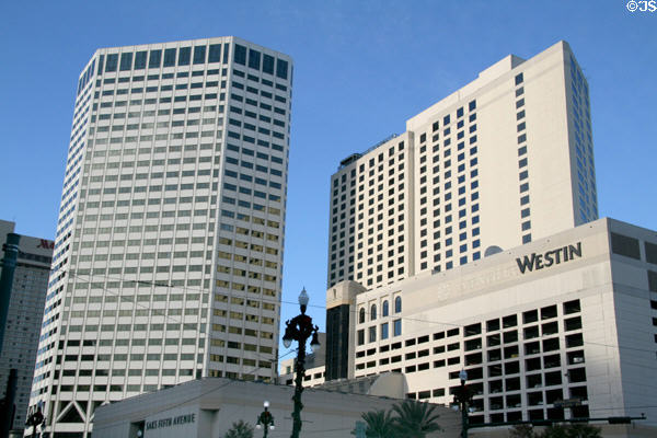 Westin New Orleans Canal Place (1983) (29 floors) (921 Canal St.) to right of One Canal Place. New Orleans, LA. Architect: RTKL Assoc. Inc..