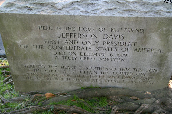 Stone commemorating Jefferson Davis, Confederate President, in front of Payne house where he died on Dec. 6, 1889 in Garden District. New Orleans, LA.