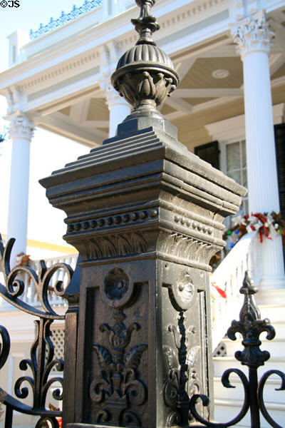 Square cast iron gate posts at (1433 Philip St.) in Garden District. New Orleans, LA.