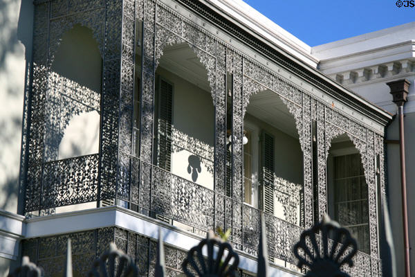 Ironwork grills on side balcony of Robinson House (1415 3rd St.) in Garden District. New Orleans, LA.