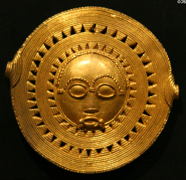 Akan peoples gold sun mask from Ashanti Kingdom, Ghana, at New Orleans Museum of Art. New Orleans, LA.