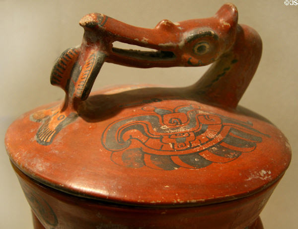 Maya culture terracotta lidded bowl with water bird fishing (200-600) from Campeche, Mexico, at New Orleans Museum of Art. New Orleans, LA.