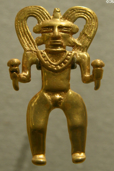 Gold pendant of man with headdress (700-1400) from Guanecoste Region of Costa Rica at New Orleans Museum of Art. New Orleans, LA.