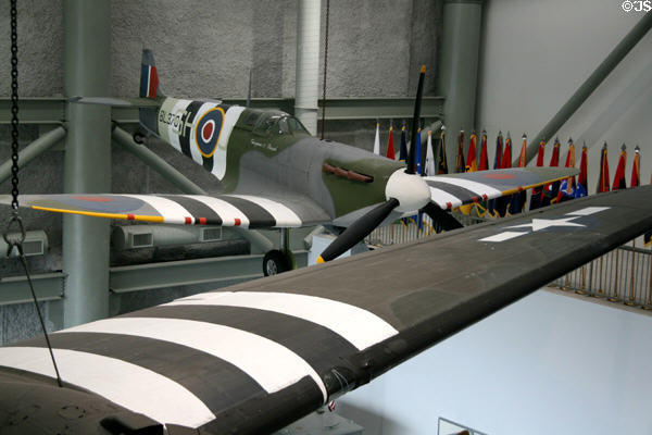 British Supermarine Spitfire Mk Vb fighter with D-Day stripes at National World War II Museum. New Orleans, LA.